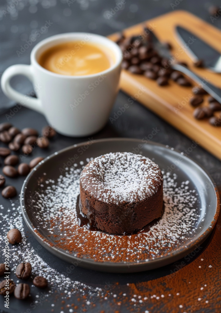 Delicious lava cake on dark plate next to a cup of fresh coffee. On bistro countertop. Close-up. Delicious lava cake on dark plate next to a cup of fresh coffee. On bistro countertop. Close-up.