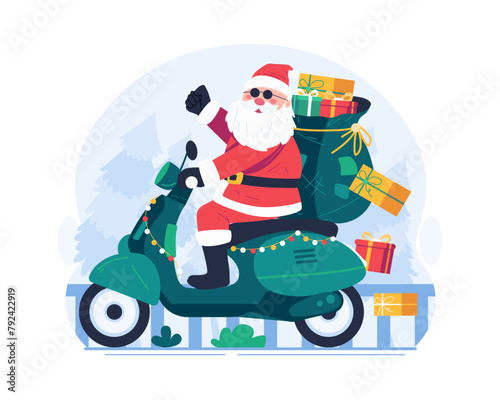 Santa Claus Riding a Scooter  Carrying a Sack Full of Gifts. Merry Christmas Concept Illustration