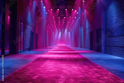 The elaborate setup of a runway show venue, capturing the anticipation before the models emerge