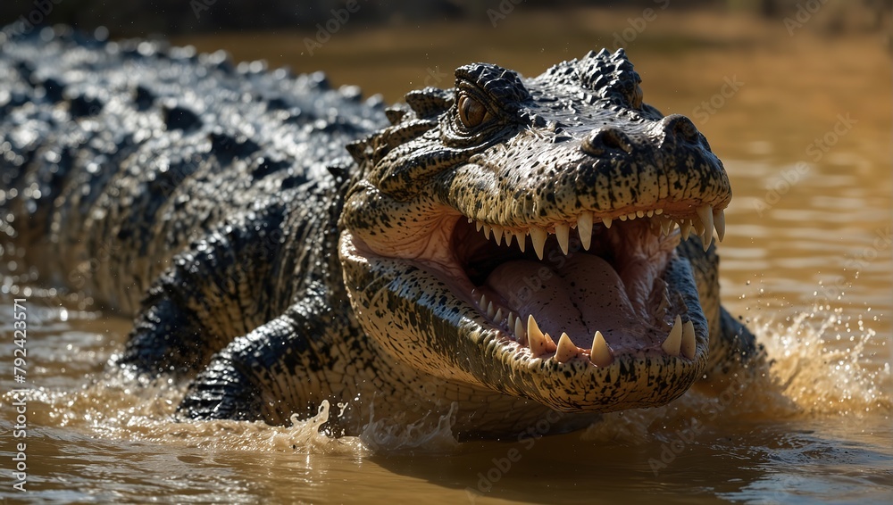 Fototapeta premium An 8k Genrative AI image shows a saltwater crocodile (Crocodylus porosus) snarling as it erupts from the Hunter River in Western Australia's Kimberley Region.