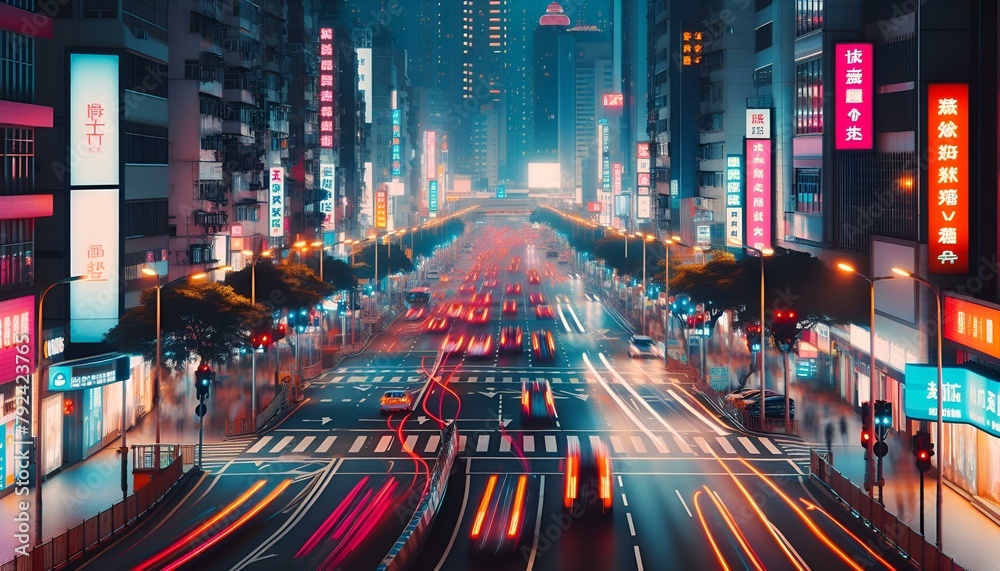 Busy city traffic with long lines of cars at night under illuminated buildings