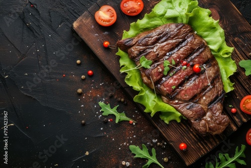 Top view of aged wagyu entrecote steak on charred wooden board with lettuce and tomatoes