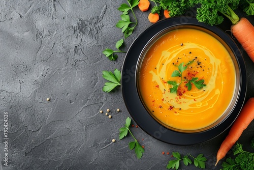 Top view of carrot and pumpkin soup with parsley on gray stone background Copy space is available