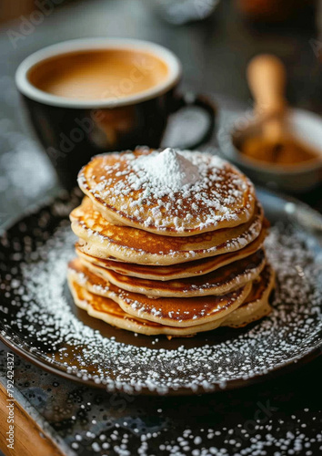 Delicious American pancakes on dark plate next to a cup of fresh coffee. With powdered sugar. On bistro countertop. 