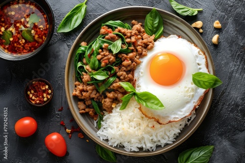 Top view of cooked rice topped with a fried egg and stir fried minced beef with garlic basil leaf and chili sauce Pad Kra pao
