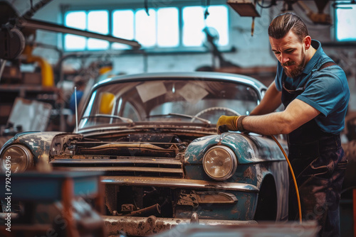 Car mechanic fixing an old car in the auto workshop. Car maintenance service.