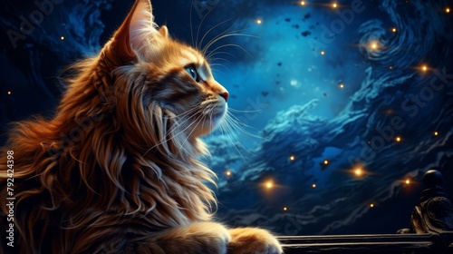 A ginger cat is sitting on a windowsill, looking out at a starry night sky.