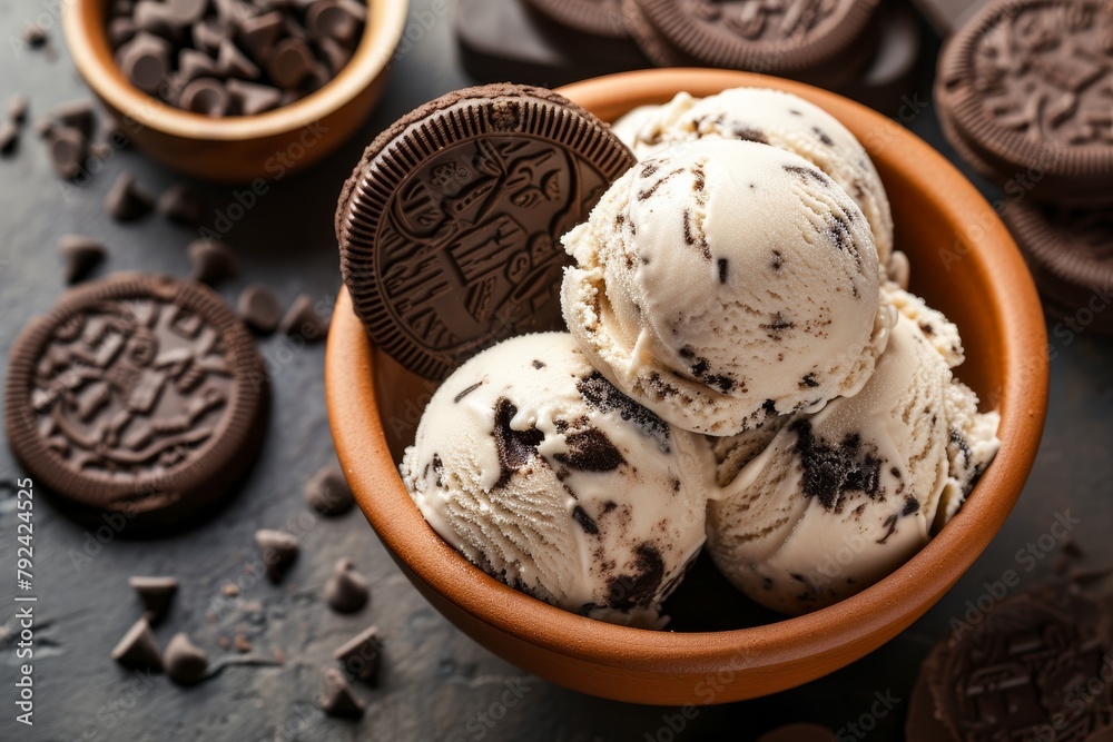 Top view of delicious ice cream with chocolate sandwich cookies in the background Top view of delicious ice cream with chocolate sandwich cookies in the background