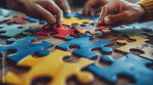 concept of teamwork and partnership hands join puzzle pieces in the office business people putting the jigsaws team together charity volunteer unity team business,art photo
