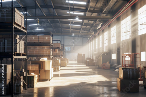 Warehouse interior with shelves and rows of boxes. 3D rendering.
