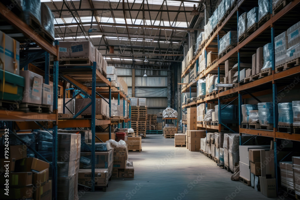 Warehouse interior with shelves full of goods. Industrial background. Warehouse interior with shelves full of goods. Industrial background.