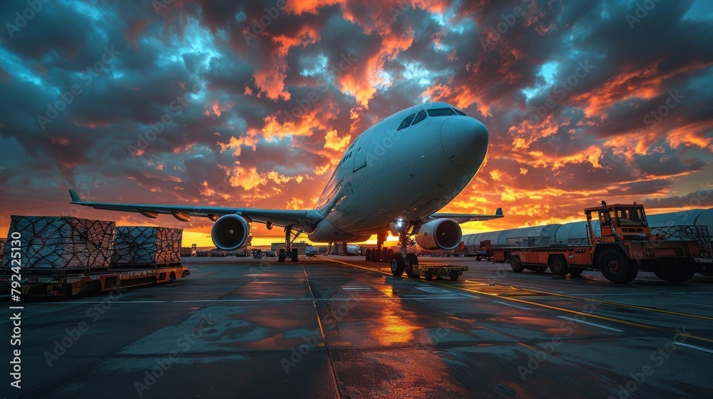 Twilight graces a stationary cargo plane, amidst global trade operations, depicted through AI Generative. Twilight graces a stationary cargo plane, amidst global trade operations, depicted through AI Generative.