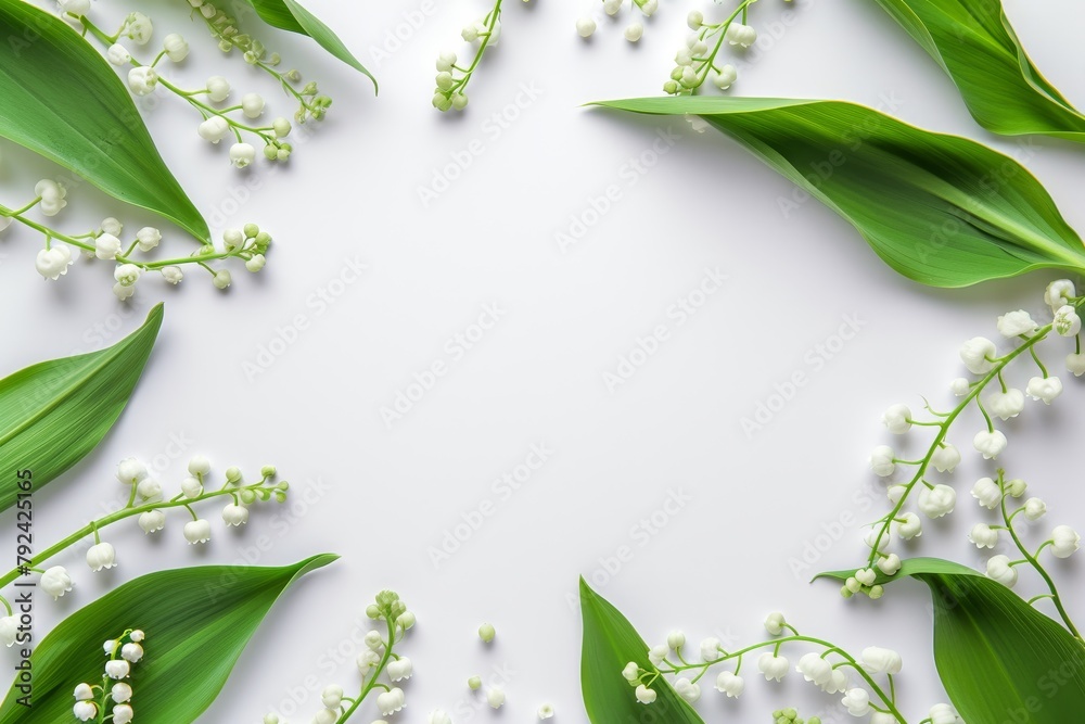 Fototapeta premium Top view of Lily of the valley flower frame on white background