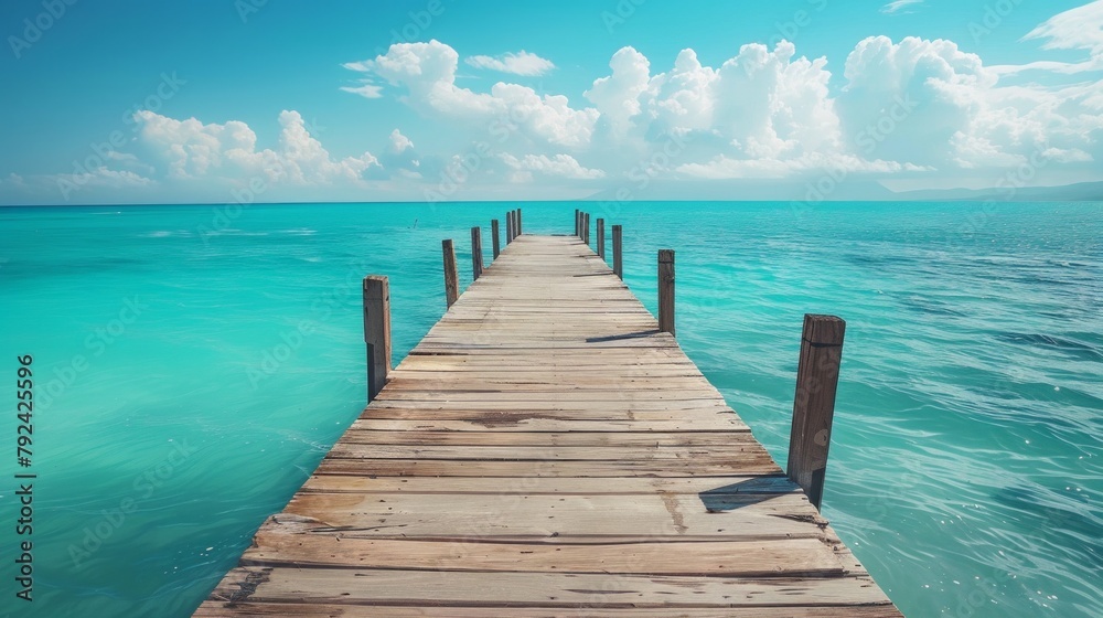 Idyllic wooden pier extending into the calm turquoise sea under a sunny sky, capturing the essence of tropical serenity AI Generative.