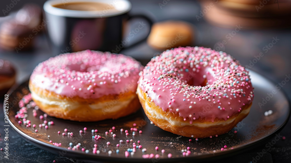 Close-up of delicious frosted donuts on dark plate next to a cup of fresh coffee. On bistro countertop. 