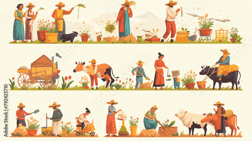 Set of Indian farmers in traditional clothes vector