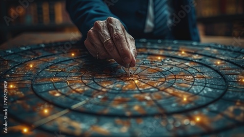 businessman aims arrow at a virtual target dartboard precision in setting objectives for business investments visualizes strategic approach to achieving goals and hitting targets illustration image