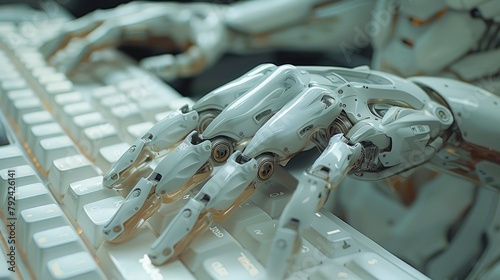 a pure white robotic hand on a keyboard of a computer uhd image ue ceramic machine aesthetics light azure and whiteillustration image photo