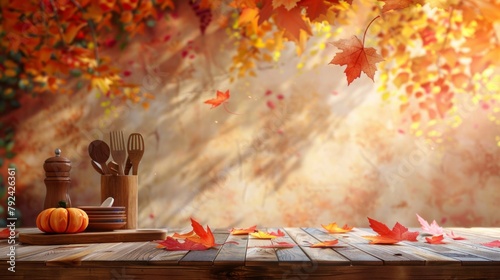 Warm autumn kitchen scene with wooden utensils and falling leaves, perfect for cozy designs AI Generative.