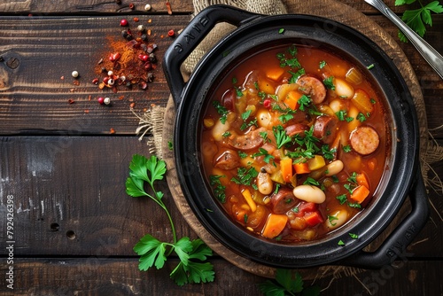 Top view of rustic pan on wooden table with stew or white bean soup containing sausage veggies spices and herbs photo