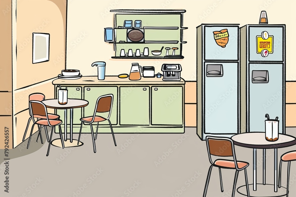 Cartoon cute doodles of a break room with empty tables and chairs, a ...