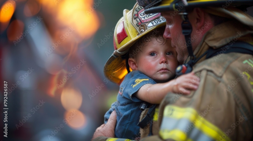 In a striking pose the firefighter holds a child in their arms shielding them from the danger of a burning building their focus solely on keeping the little one safe. . In a striking pose the firefighter holds a child in their arms shielding them from the danger of a burning building their focus solely on keeping the little one safe. .