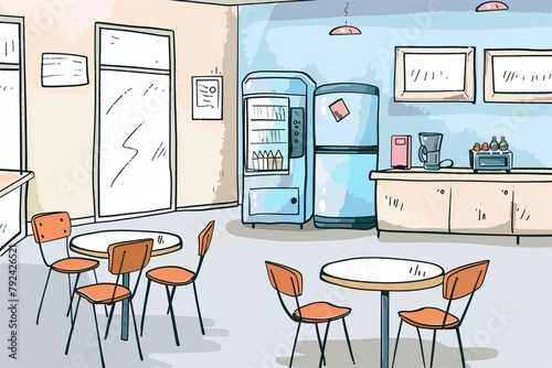 Cartoon cute doodles of a break room with empty tables and chairs, a coffee machine, and a refrigerator, Generative AI