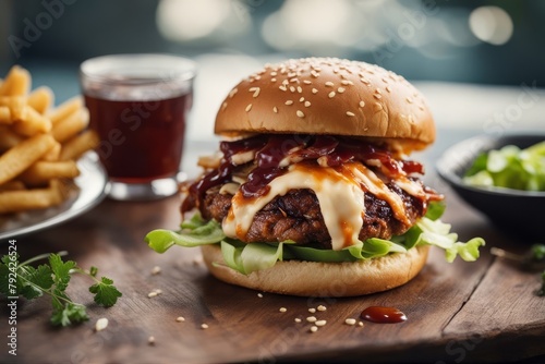 'homemade pulled pork burger coleslaw bbq sauce american bar-b-q bread bun cabbage classic closeup cola drink cole colourful dark delicious drip dripped fast food fresh freshness grilled hamburger' photo