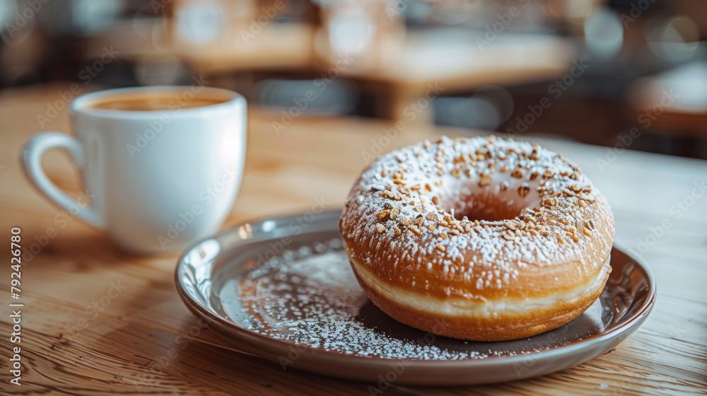 Close-up of delicious frosted donut on dark plate next to a cup of fresh coffee. On bistro countertop. 