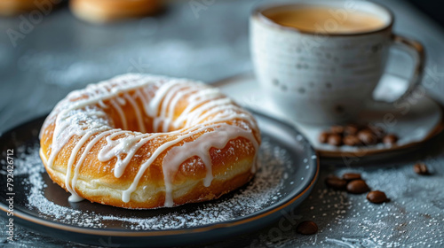 Close-up of delicious frosted donut on dark plate next to a cup of fresh coffee. On bistro countertop. 