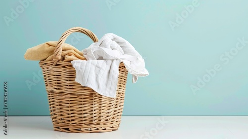 Laundry basket with clean towels on blue background. AI Generative.
