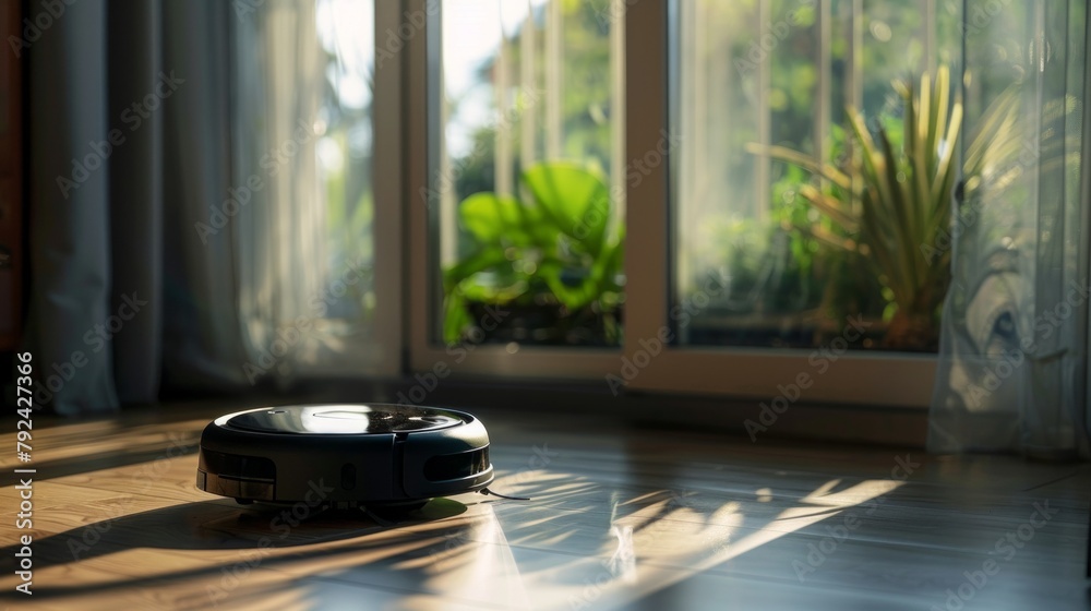 Vacuum cleaner, round, black, with dock station in the room, sunlight, close-up view. AI Generative. - obrazy, fototapety, plakaty 