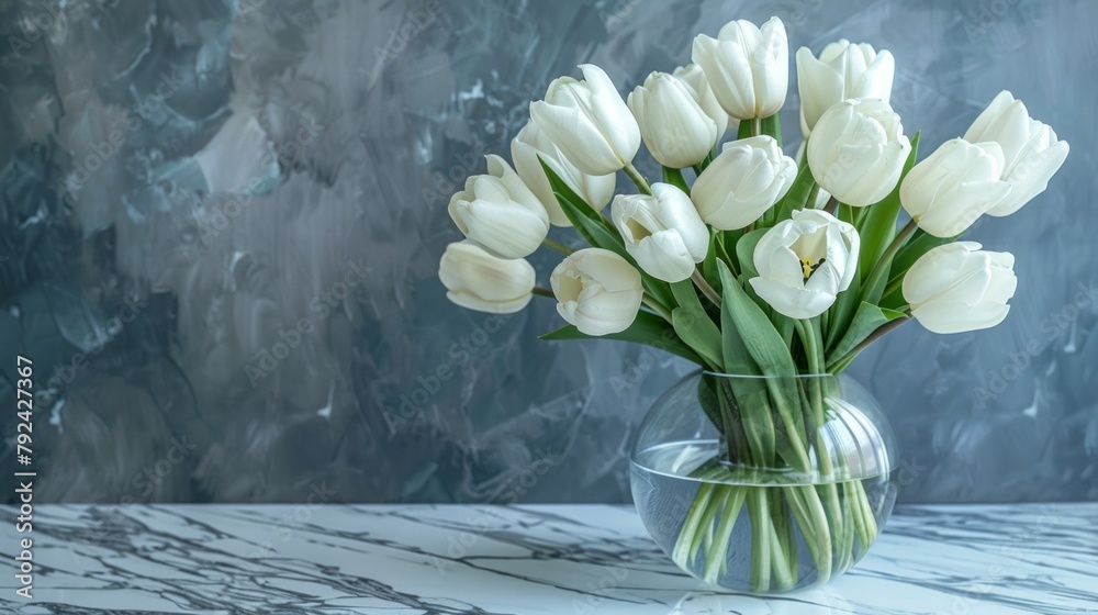 Serene composition of white tulips in a clear vase, AI Generative. - obrazy, fototapety, plakaty 