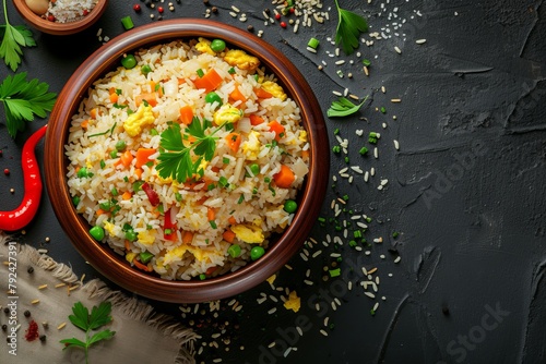 Traditional Chinese and Asian fried rice with egg and veggies in a ceramic bowl on a rustic concrete table Room for text photo