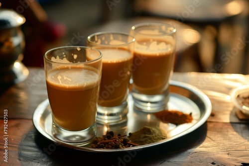 Traditional Indian beverage with tea milk and spices