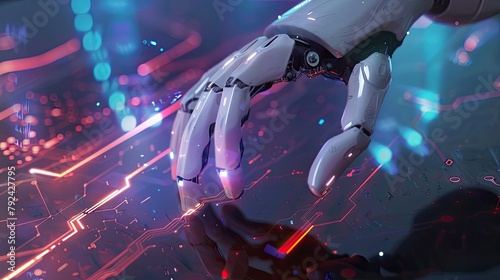 Technology: Futuristic robot hand touching a digital interface