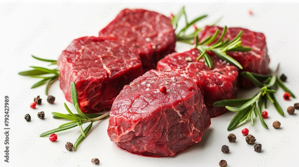Fresh beef steaks, neatly arranged, clipping path included Fresh beef steaks, neatly arranged, clipping path included