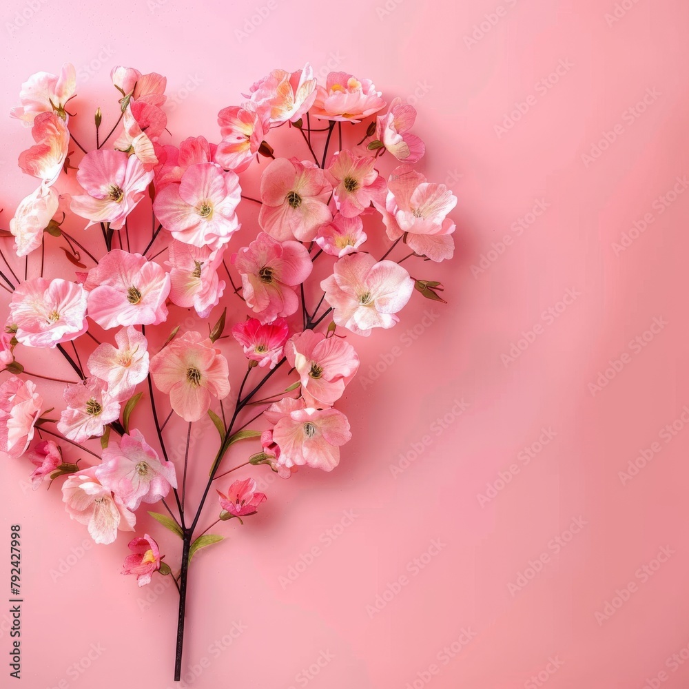Heart Shaped Arrangement of Pink Flowers on Pink Background