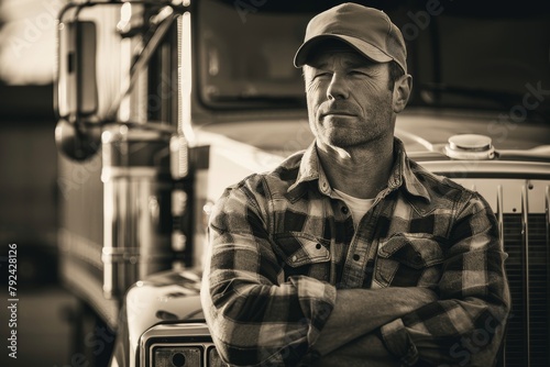 Truck driver standing confidently with arms crossed next to truck photo