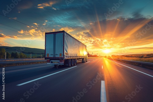 Truck transporting cargo on a highway during the evening with sunlight and sun rays