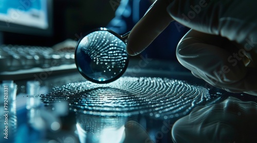 A closeup of a fingerprint being dusted for evidence with a magnifying glass revealing minute details in the ridges and loops. In the background a shadowy figure can be seen yzing .