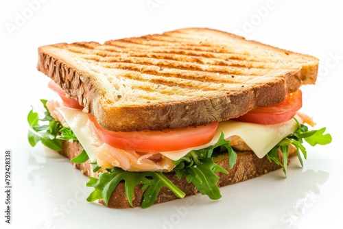 Tuna sandwich with melted mozzarella cheese on white background
