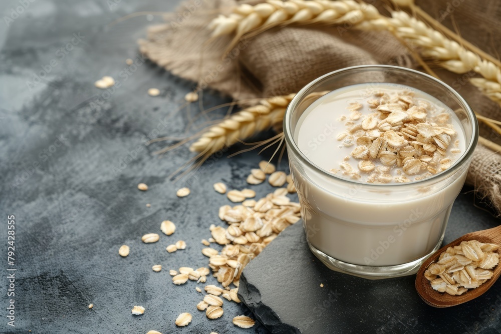 Vegan milk made from oat flakes on a stone table Vegan milk made from oat flakes on a stone table