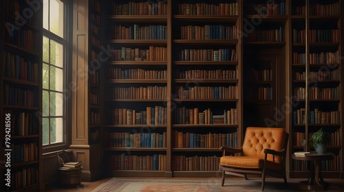 The image features an intricately carved wooden bookshelf adorned with leather.generative.ai