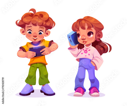 Child play phone. Kid using mobile for game vector. Boy and girl children addict with smart electronic gadget. Baby gamer holding technology for texting, education and watching video illustration set © klyaksun