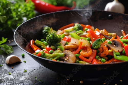 Vegetables stir fried in a wok on a dark table