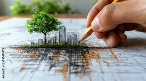 person sketching a sustainable green city concept with eco friendly buildings and a tree on paper representing urban planning and environmental conservation illustration photo