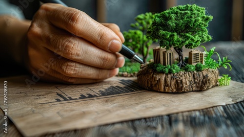 person sketching a sustainable green city concept with eco friendly buildings and a tree on paper representing urban planning and environmental conservation,art photo