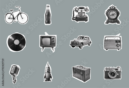 Retro halftone collage elements, halftone effect design, retro designs
