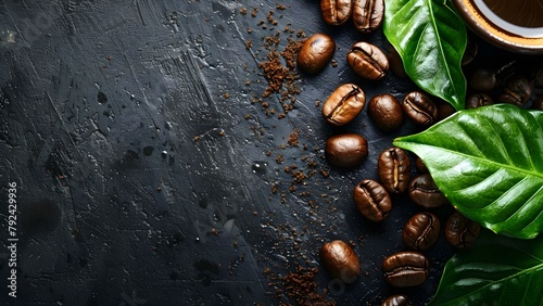 Coffee beans and leaves up close on a dark background with a blurred effect. Concept Close-up Photography, Macro Shot, Coffee Beans, Leaves, Blurred Background photo